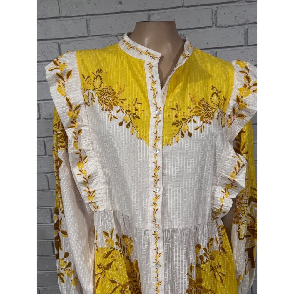Farm Rio Aura Floral Maxi Dress Yellow Cream Ruffle Button Front Boho XL NEW - Picture 9 of 16